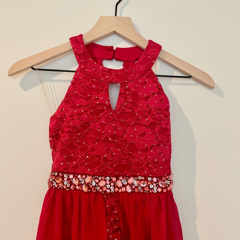 Red Halter Romper Maxi Dress Girls Sparkle Party Special Occasion - Picture 6 of 14